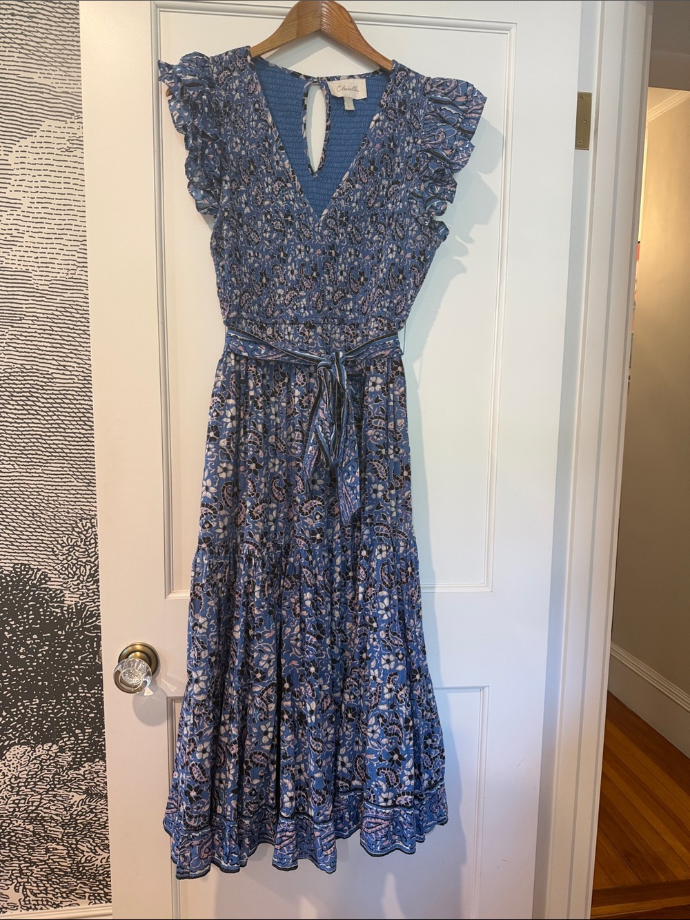 Cleobella Blue Floral Midi Dress with Tie Waist size Large